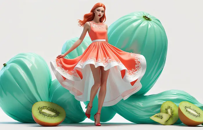 Glamorous Woman in Elegant Dress Unique 3D Design Art Illustration